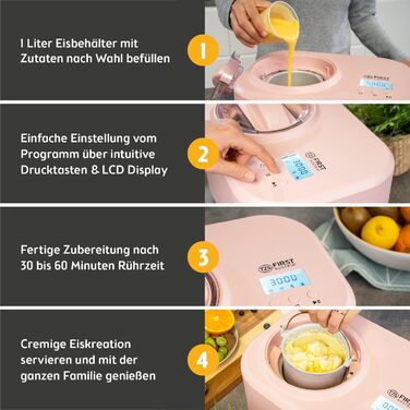 Електрична машина для приготування морозива TZS First Austria 1L з компресором 3 в 1 - для морозива, сорбету та замороженого йогурту, з мірним стаканом та лопаткою, рожева