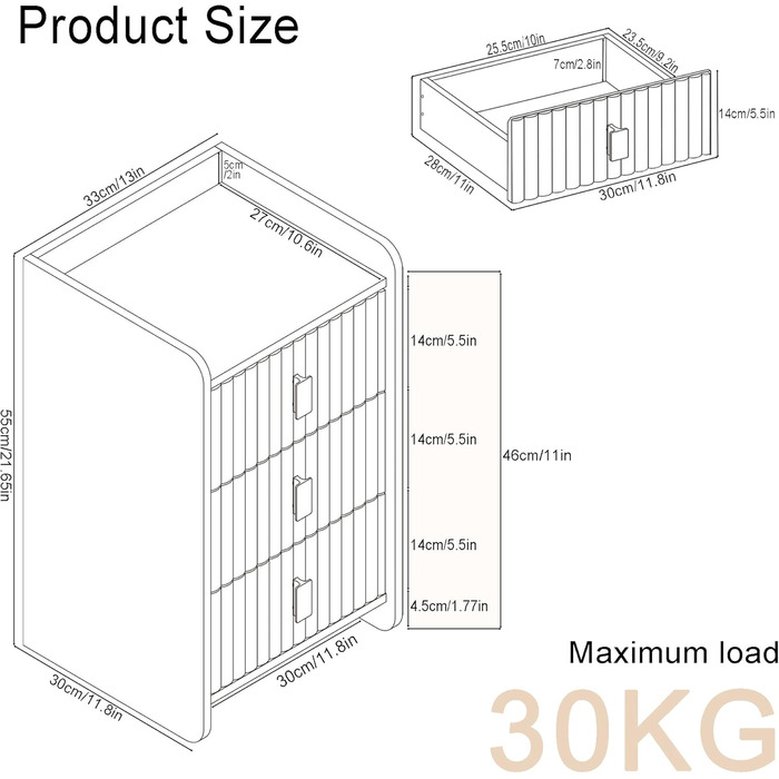 Нічний столик з 3 шухлядами, білий, для спальні та вітальні