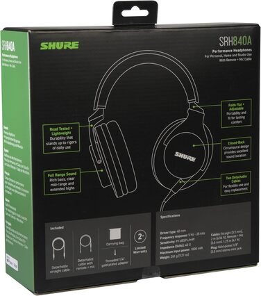 Навушники-вкладиші Shure SRH840A для критичного прослуховування, професійні, деталізований звук, складні, Gen 2