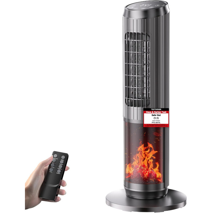 Електричний обігрівач керамічний 2000W з пультом, ефект каміну, термостат, осциляція 70°, ECO режим, 3 режими, таймер 1-8 год, захист від перегріву та перекидання, тихий для офісу та вітальні