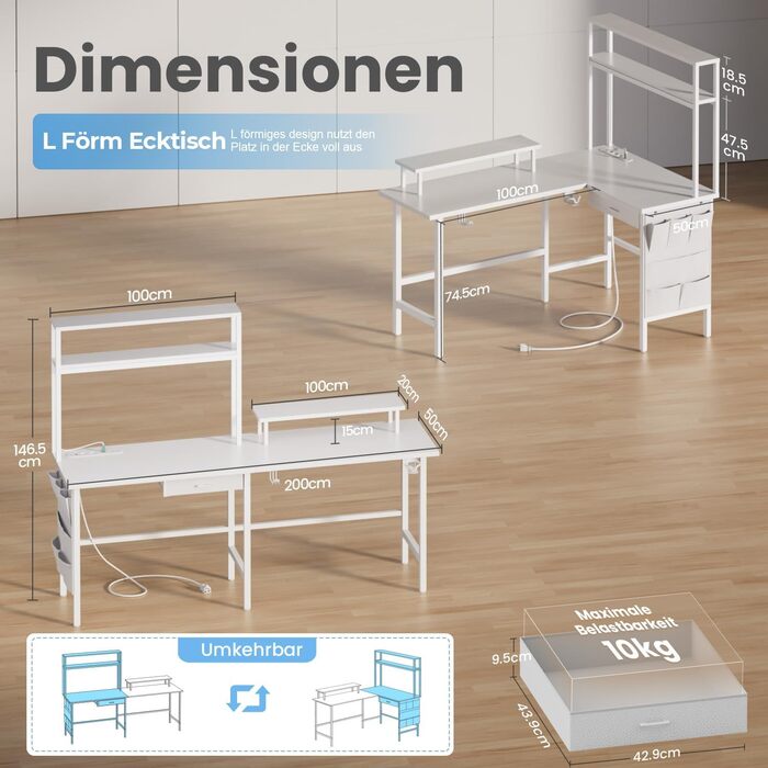 Ігровий стіл кутовий L-подібний з 3 розетками та 2 USB, LED підсвітка, стіл для комп'ютера з ящиками та підставкою для монітора, 150 x 100 см, білий