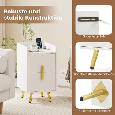 Нічний столик COSTWAY з зарядкою, вузький приліжний столик з 2 шухлядами, металеві ніжки, для спальні, вітальні, 32x40x60 см (Білий)