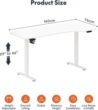 Електричний стіл 160 x 75 см зі стільницею (з гачком/тримачем для пляшок), Стоячий стіл, Регульований по висоті стіл зі стільницею, функцією пам'яті, для домашнього офісу (білий) 160x75см Білий