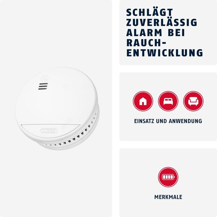 Датчик диму ABUS RWM90 - сертифікований DIN EN14604, з акумулятором на 5 років, для житлових приміщень, білий (1 шт.)