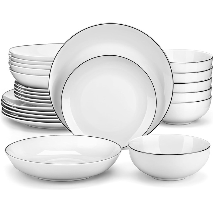 Серія Amelia, набір порцелянового посуду на 6 осіб, порцеляновий обідній сервіз, біла комбінована вечеря преміум-класу, з 6 обідніми тарілками, 6 тарілками для тортів, 6 глибокими тарілками та 6 мисками кожна. Набір посуду на 6 персон (24, білий з чорним