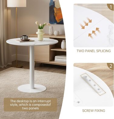 Круглий обідній стіл для кухні, вітальні, балкону. Білий стіл 70x70 см з мармуровою стільницею та прямою ніжкою