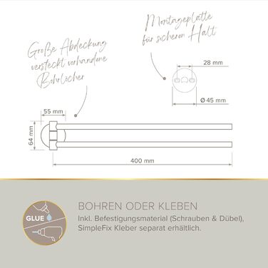 Тримач для рушників Lenz Juna, золото, 40 см, 2 поворотні руки, антифлерофільне покриття, монтаж на стіну (клей/свердління)