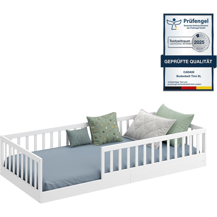 Ліжко дитяче CADANI Timi 2в1 Montessori 120x200 см з бортиками та ламелями, масив сосни, біле - 3 варіанти збірки, до 200 кг