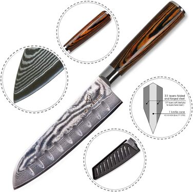 Ніж кухарський Santoku XL (30 см) Wolfblood з дамаської сталі 67 шарів, професійний, з дерев'яною ручкою, подарункова коробка та захист леза