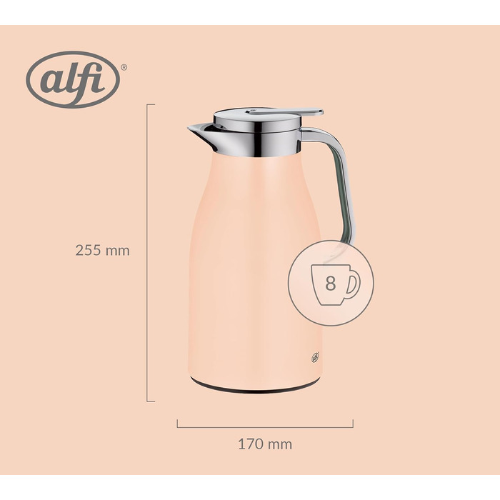Термос Alfi SKYLINE 1.0л, пастельний колір, нержавіюча сталь, з термоізоляцією, гігієнічний вкладиш з термостійкого скла, поворотний замок з кнопкою, ергономічна ручка, для кави та чаю, BPA-free (1000 мл, Pastel Apricot Mat)
