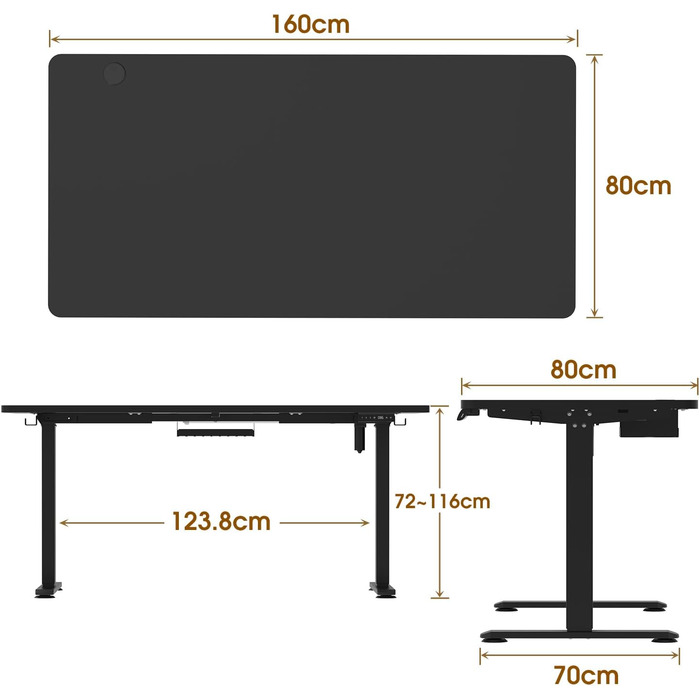 Електричний стіл Homall з регулюванням висоти 160x80 см, функція пам'яті, стільниця з чотирьох частин, чорний