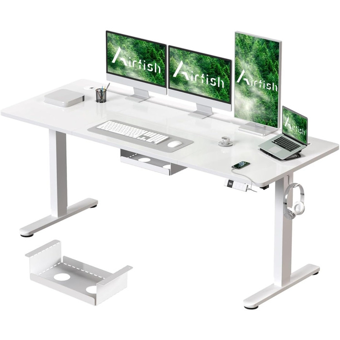 Електричний регульований стіл Airfish 160 x 80 см з USB-C зарядкою, кабелеуправлінням та 3 рівнями пам'яті (білий)