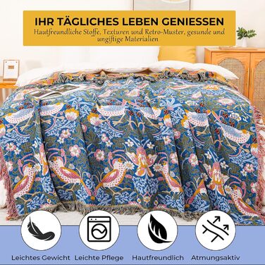 Плед Boho з 100% бавовни, стиль кантрі, 150х200 см (Птахи та квіти)