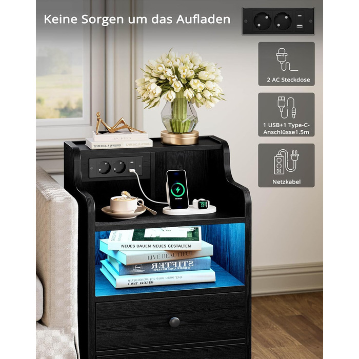 Нічний столик IRONCK з LED-підсвічуванням, розеткою та функцією зарядки, з ящиками, чорний