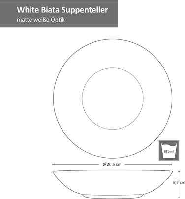Супова тарілка I Посуд матовий білий на 6 осіб - Позачасовий елегантний дизайн I Набір з 6 глибоких тарілок - в сучасному матовому вигляді I Тарілка глибока 550 мл 6 шт., 6 шт.