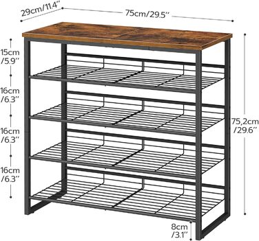 Полиця для взуття, 5-шарова шафа для взуття, регульована полиця для взуття, плоска або відкидна, на 12-16 пар, стійка, для передпокою, вітальні, спальні, вінтажна коричнево-чорна EBF08XJ01 75 x 29 x 75.2 см