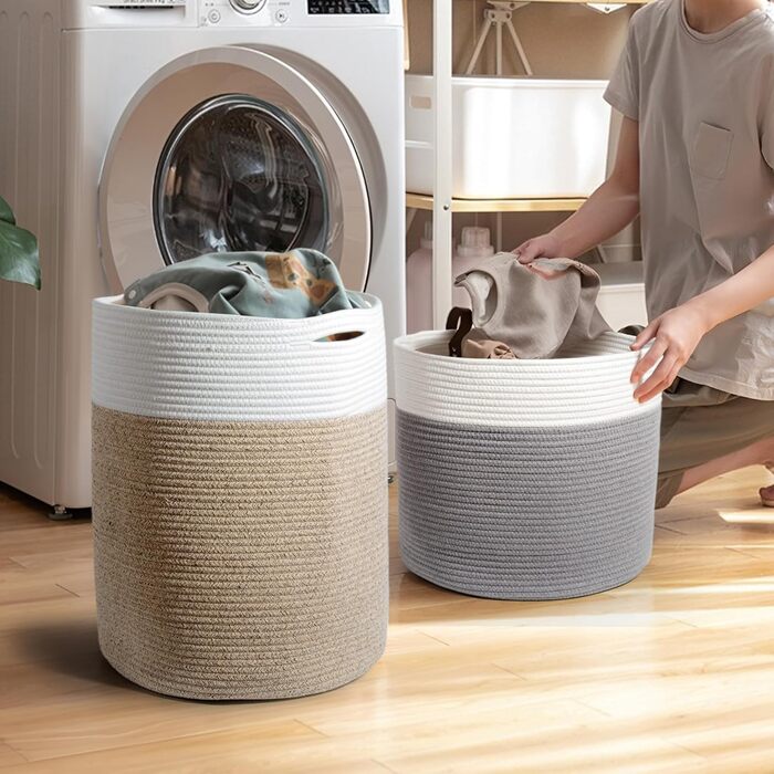 Кошик для білизни 32л з бавовни з ручками, плетені кошики для зберігання, коричневий (34х40 см)