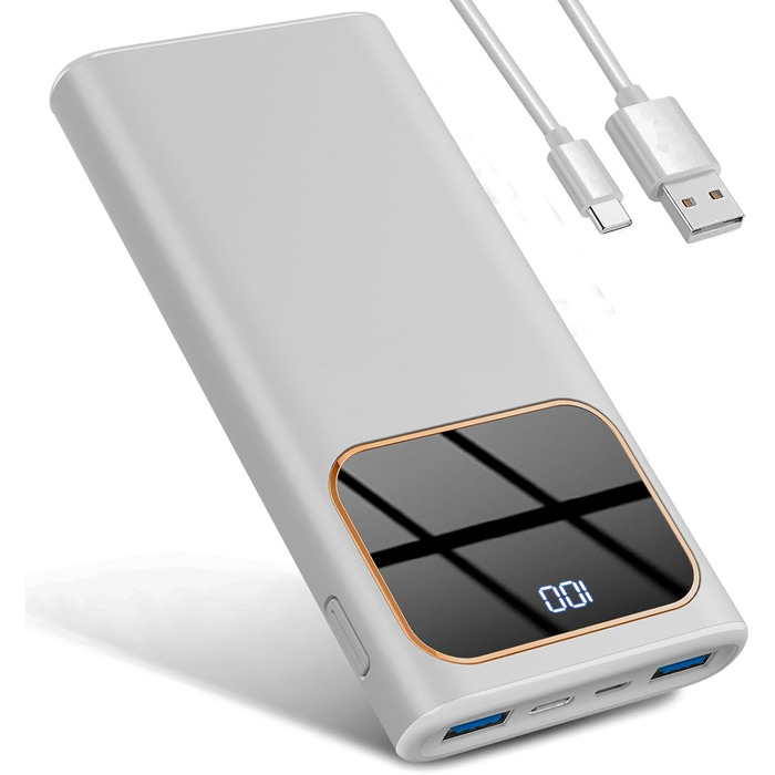 Швидка зарядка USB-C, LED дисплей, для iPhone 15/14/13/12, сріблясто-білий, 10000mAh