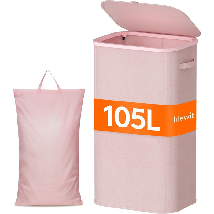 Кошик для білизни з кришкою Lifewit, 105л, рожевий, з міцним пластиковим каркасом, великий, складний, для спальні, ванної кімнати