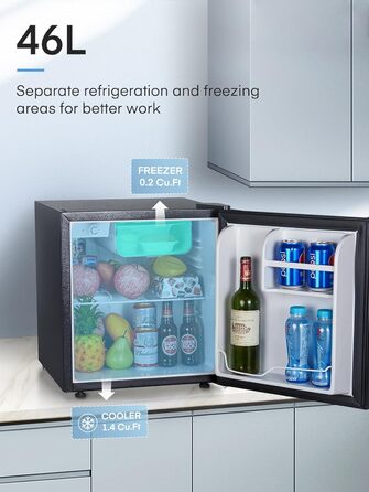 Міні-холодильник E 46L з морозильною камерою, енергоощадний, регулювання температури, рівень шуму 42 дБ, чорний — для офісу, кухні та спальні