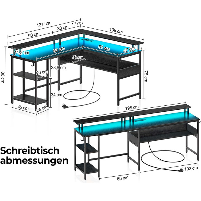 Роланстар Стіл ігровий L-подібний з LED та розеткою, 137 x 108 см, комп'ютерний стіл з підставкою для монітора та місцем для зберігання, реверсивний кутовий стіл для офісу, домашнього офісу (Білий) (Чорний)
