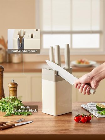 Набір кухонних ножів Yabano 7 предметів з підставкою та точилкою, кухонний набір з пластиковою підставкою (білий)