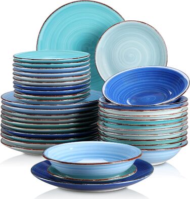 Обідній сервіз з керамограніту, комбінований посуд vancasso BONITA з 36 предметів, набір посуду на 12 осіб, 12 обідніх тарілок, супові миски та десертні тарілки кожна (серія Blue, набір посуду з 36 предметів)