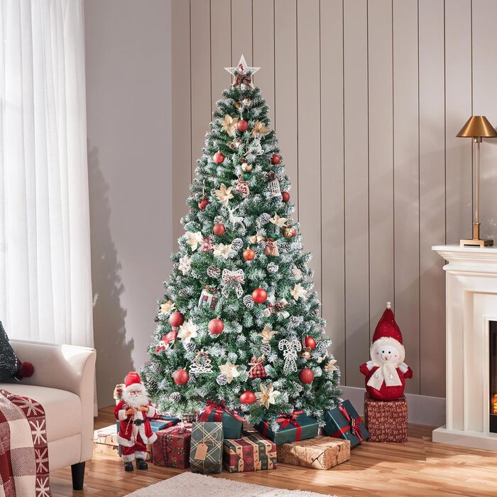 Штучна ялинка Yaheetech 183 см зі снігом та 64 шишками, 920 гілок, вогнестійка, з металевим підставкою та системою швидкого складання