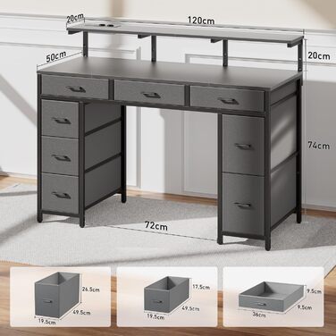 Комп'ютерний стіл з 8 висувними ящиками, 2 розетками, USB-портами, LED-підсвічуванням та підставкою для монітора, 120 x 50 x 74 см (сірий)