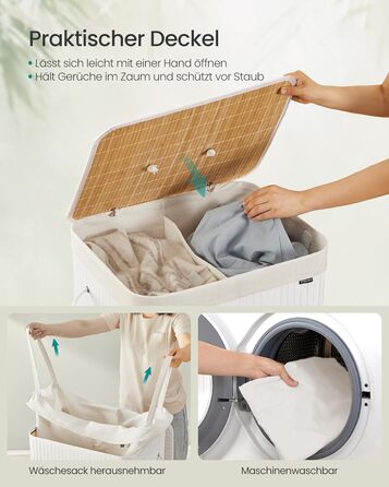 SONGMICS Кошик для білизни з кришкою, 2 відділення, бамбук, складаний, знімний мішок, для прання, з ручками, 120 л, білий