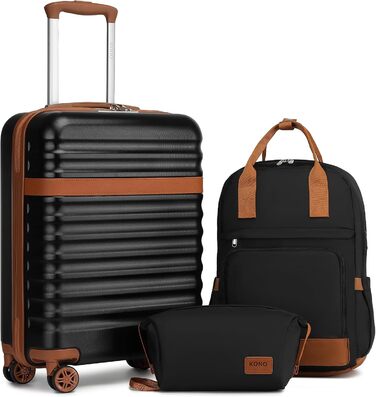 Набір валіз та рюкзака KONO: валіза ручної поклажі 3в1, рюкзак, культиватор. З ABS+PC, TSA-замок, 4 колеса. Чорний/Коричневий