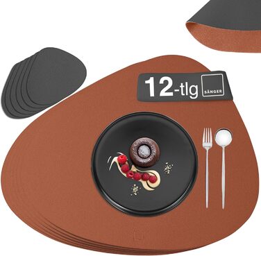 Набір підставок та серветок SÄNGER з екошкіри (12 шт) - водонепроникні, антиковзаючі, для 6 осіб, 44,5*30 см (антрацит/коричневий)