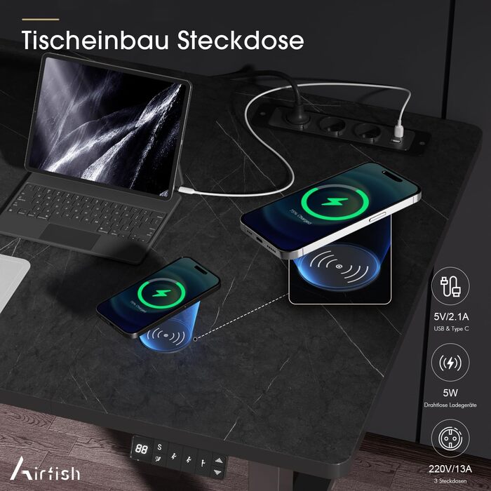 Регульований стіл Airfish з бездротовою зарядкою та USB-роз'ємом 160 x 80 см. Електричний стіл для комп'ютера з пам'яттю на 3 функції та функцією нагадування про відпочинок. Білий (140 x 70 см, Чорний)
