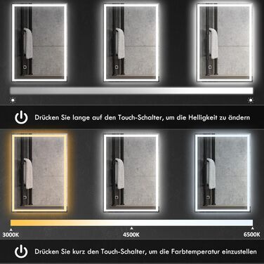 Дзеркало для ванної кімнати HOMCOM з підсвічуванням 70 x 50 см, LED, сенсорне управління, функція пам'яті, 3 кольори світла, антизапарник, срібне