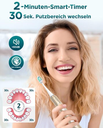 Електрична зубна щітка для дорослих і дітей - звукова, 8 насадок (3 типи), 90 днів роботи, 5 режимів, 50000VPM, кейс для подорожей, таймер (Золота)