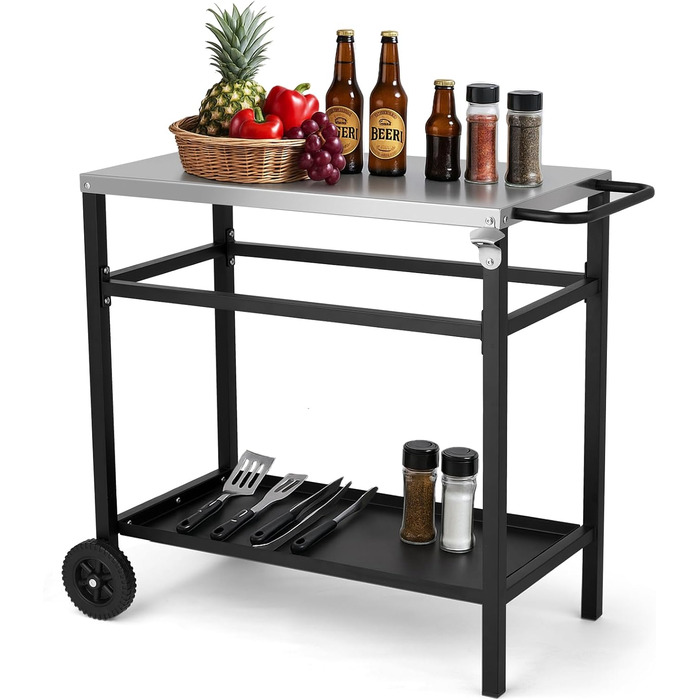 Гриль-вагон LEADZM - гриль-стіл для вулиці, 95 x 45 x 83 см, стіл з нержавіючої сталі срібного кольору, на колесах, мобільний, сервірувальний візок для садів, чорний, 95x45x83 см