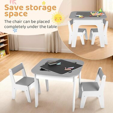 Дитячий стіл та стільці Clevich: комплект з місцем для зберігання, 2 стільці, двосторонній стіл для малювання та будівельна пластина, сірий