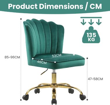 Крісло для офісу Fiximaster Homeoffice, крісло для робочого столу, обертове, регульоване по висоті, з м'якою оббивкою з велюру, золоті ніжки, для робочого кабінету, спальні, до 135 кг, зелене