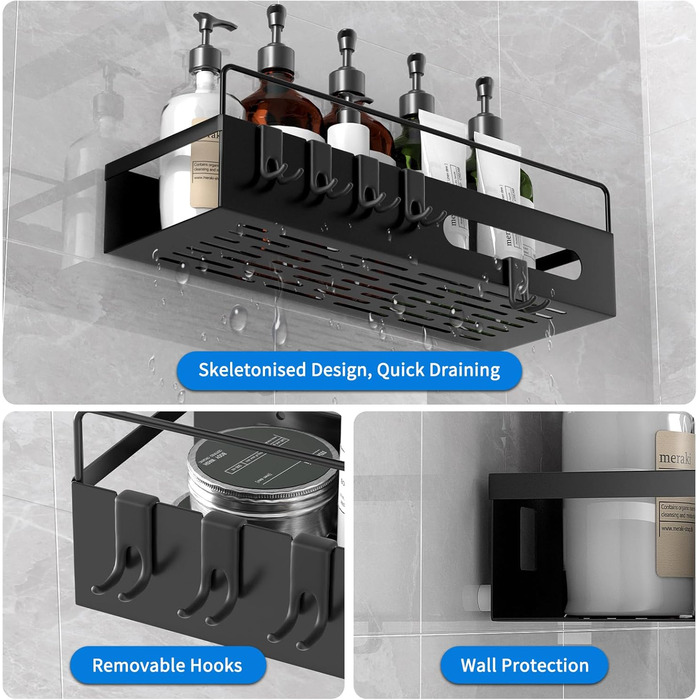 Душова полиця Hawsam без свердління, органайзер для полиць для ванної кімнати 4 шт. и, нержавіюча, чорний