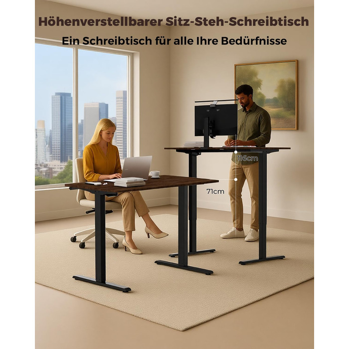 Регульований по висоті письмовий стіл 120x60 см з пам'яттю на 2 режими, стіл для домашнього офісу та геймінгу, колір вінтажний коричневий