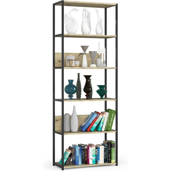 Стелаж AKORD з 6 полицями 50 см, індустріальний стиль, відкритий, з металевим каркасом, для кухні, спальні, офісу (чорний, дуб Artisan, 192 x 70 x 32 см)