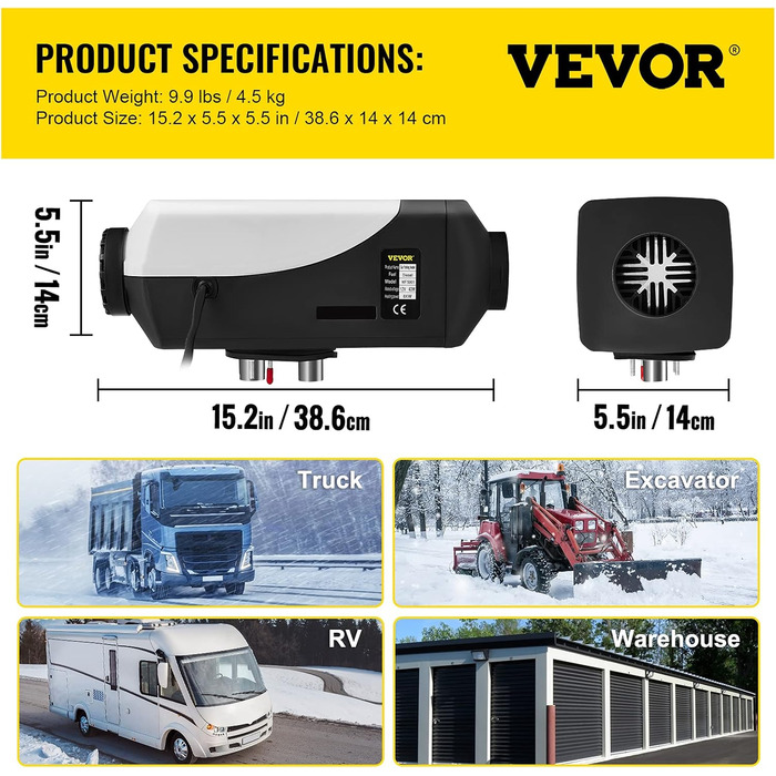 Автономний дизельний опалювач VEVOR 12V 8kW з LCD-дисплеєм та пультом дистанційного керування, 0.16-0.62 л/год, дизельний опалювач для автомобіля