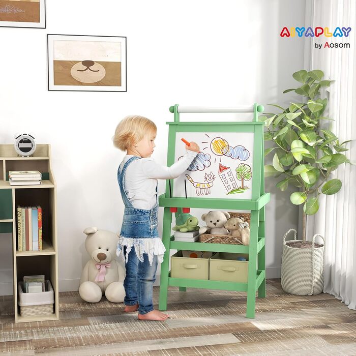 AIYAPLAY Фліпчарт для дітей 3 в 1: магнітна дошка з паперовою рулонною поверхнею, 2 кошики для зберігання, зелене дерево, 3-6 років