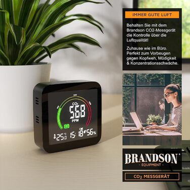 Датчик CO2 Brandson: вимірювач якості повітря, сенсор вуглекислого газу, термометр, гігрометр, індикатор CO2, рекомендації по вентиляції, будильник
