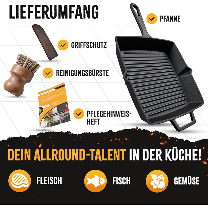 Сковорода-гриль з чавуну, 26 см, емальована, для приготування стейків, сумісна з усіма типами плит