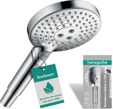 Душова лійка Hansgrohe Raindance Select S з економним споживанням води (9 л/хв), ручна лійка з 3 режимами, кругла (діаметр 120 мм), з антинакипним покриттям, хром, 3 економні струмені