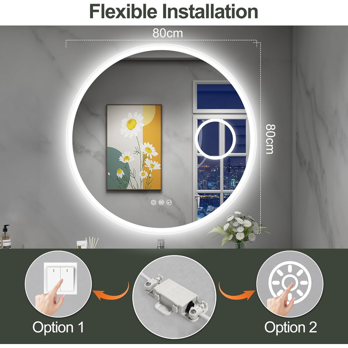 Дзеркало для ванної кімнати S'bagno Runder з підсвічуванням 60 см, з протитуманним ефектом, регульованою яскравістю, HD-скло, функція пам'яті, IP44, Bluetooth, 5-кратна лупа, 80x80 см