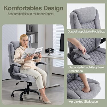 Офісний крісло CASTLOVE Ергономічне, для дому та офісу, сірого кольору, з підлокітниками, регулюванням висоти та нахилу, з підголівником, 150 кг, тканина