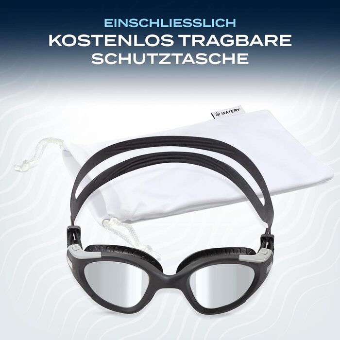 Водні окуляри для плавання з дзеркальною лінзою - Захист від запотівання, захист від ультрафіолету, водонепроникний, без протікання та регульований ремінець - Ідеально підходить для початківців і досвідчених плавців Чорний/сріблястий