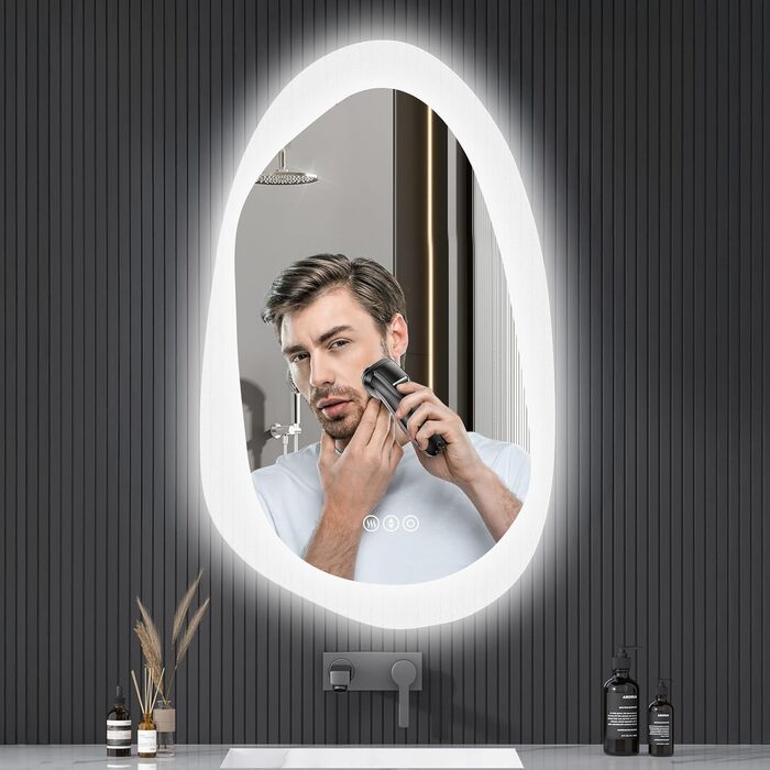 Дзеркало для ванної кімнати YOLEO з підсвічуванням 90x70 см, LED дзеркало з переднім та заднім освітленням, дзеркало з пам'яттю, 3 регульовані кольори світла, антизапар, (100L x 66B cm)